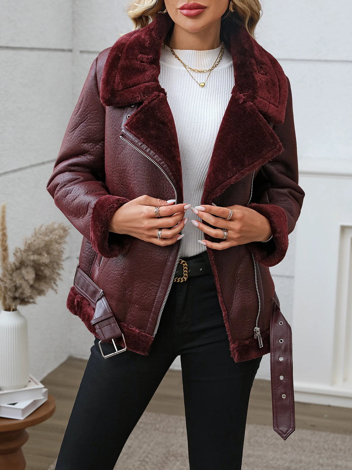 FTLZZ Winter Women Faux Fur Leather Jacket High Street Motorcycle Outwear Casual Lady Thick Warm Leather Jacket