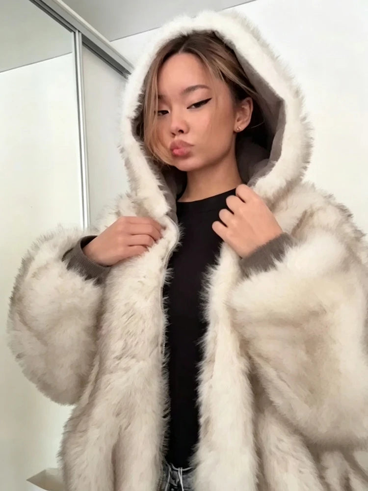 Reversible Faux Fur Hooded Jacket Women Zip Up Oversized Cropped Coat 2 Ways Wear 2026 Winter Casual Street Outerwear