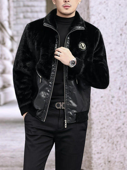 Winter Stand-Up Collar Men's Fashionable Casual Warm Faux Mink Fur Spliced Pu Leather Jacket