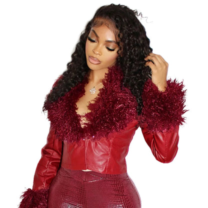 Autumn Winter PU Leather Cropped Jacket with Faux Fur Collar Women Casual Long Sleeve Buckle Coats New Fashion Female Streetwear