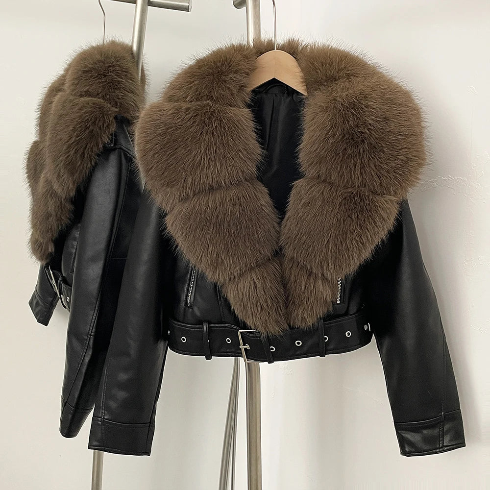 Fur Coat Eco-friendly Long Sleeve Autumn Faux Leather Jacket Short Clothing Female Spring New PU Fur Jacket Artificial Pockets