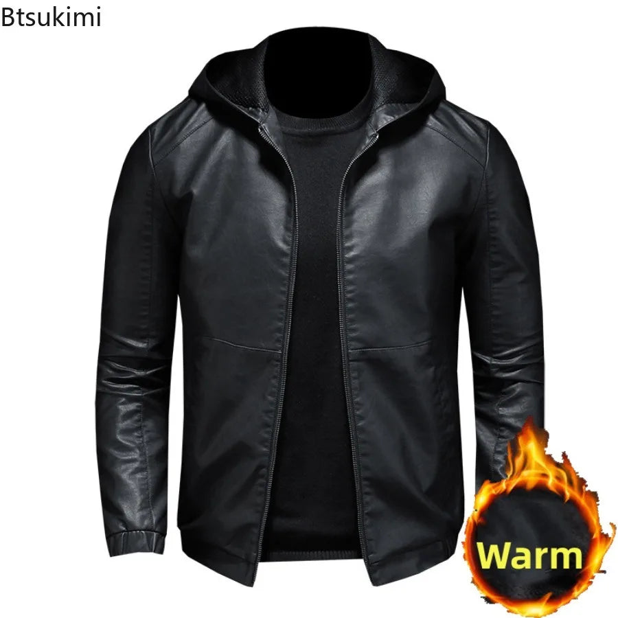 New Autumn Winter Men's Fleece Leather Jackets Casual Warm Windbreaker Hooded Coats Men Motorcycle PU Leather Jackets Streetwear