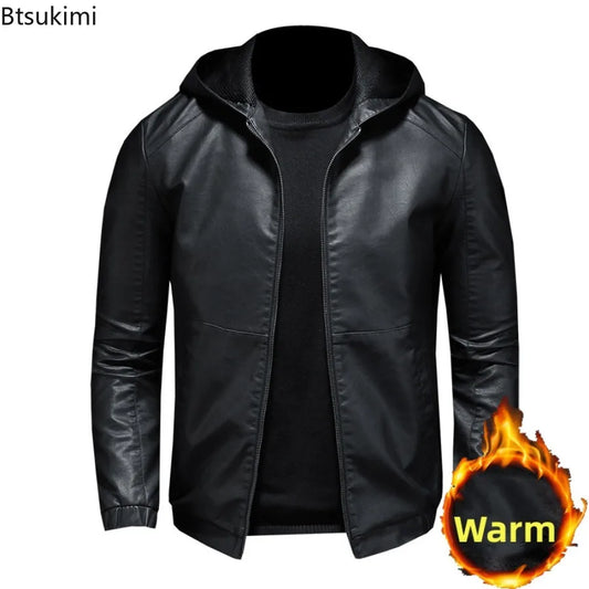 New Autumn Winter Men's Fleece Leather Jackets Casual Warm Windbreaker Hooded Coats Men Motorcycle PU Leather Jackets Streetwear