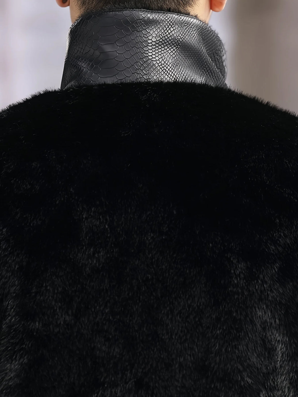 Winter Stand-Up Collar Men's Fashionable Casual Warm Faux Mink Fur Spliced Pu Leather Jacket
