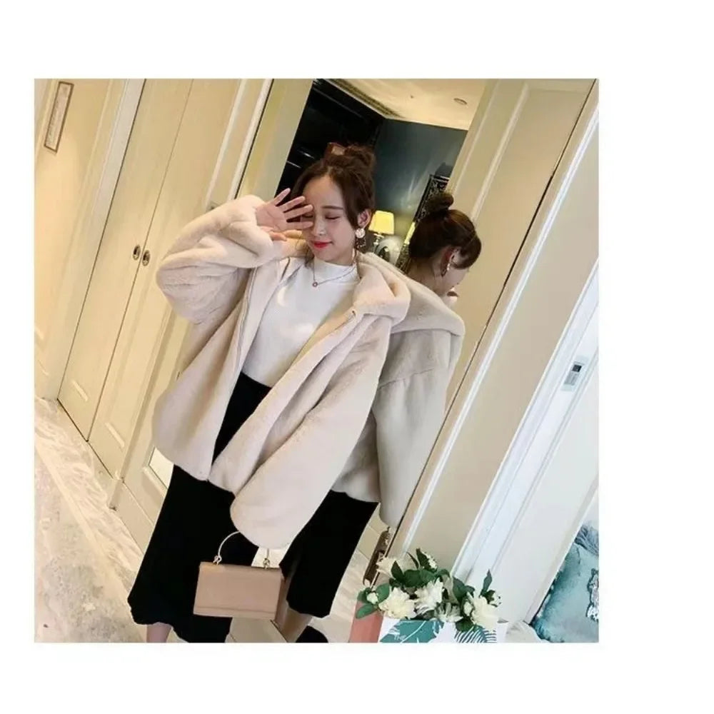 Fur Jacket for Women 2024 New Autumn and Winter Outfit  Thick Hooded Imitation Rabbit Mink Plush Loose Short Jacket for Women