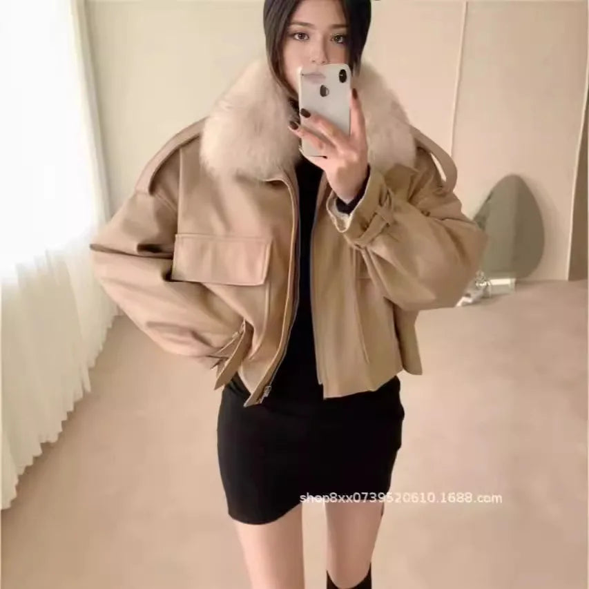 2026 Fleece Thickened Leather Jacket Short Removable Imitation Fox Fur Collar Fur Integrated Jacket Women's Fashion