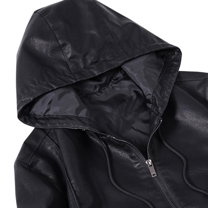 Hooded Leather Jacket Men Black Leather Jacke Hooded Lighweight Motorcycle Jacket Men Fashion Clothing New Mens High Quality