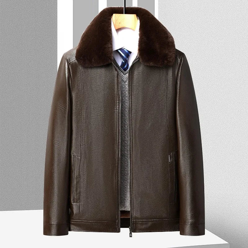 Men's Faux Fur Collar PU Leather Jacket Velvet Thickened Faux Leather Autumn Winter Coat Fleece-Lined Men's Outerwear