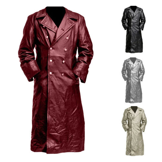 Men Faux Leather Coats Pu Long Coat Splice Double Breasted Turn Down Collar Slim Fit Thick Casual Jackets Autumn Winter