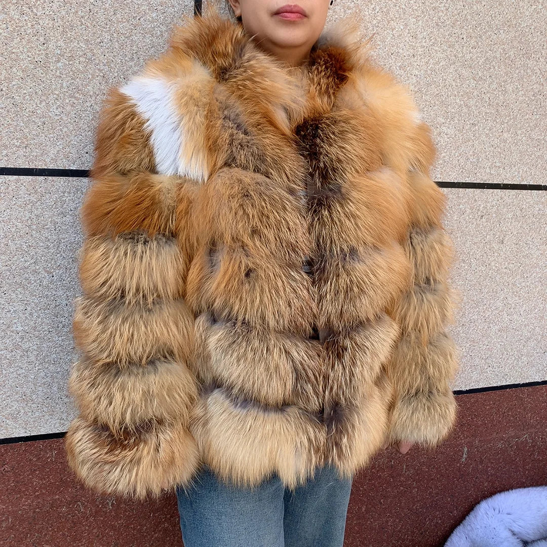 HUA QIU MEI SI Natural Red Fox Fur Jacket for Women's Winter Warmth 100% True Fur Leather Jacket Red Fox Jacket