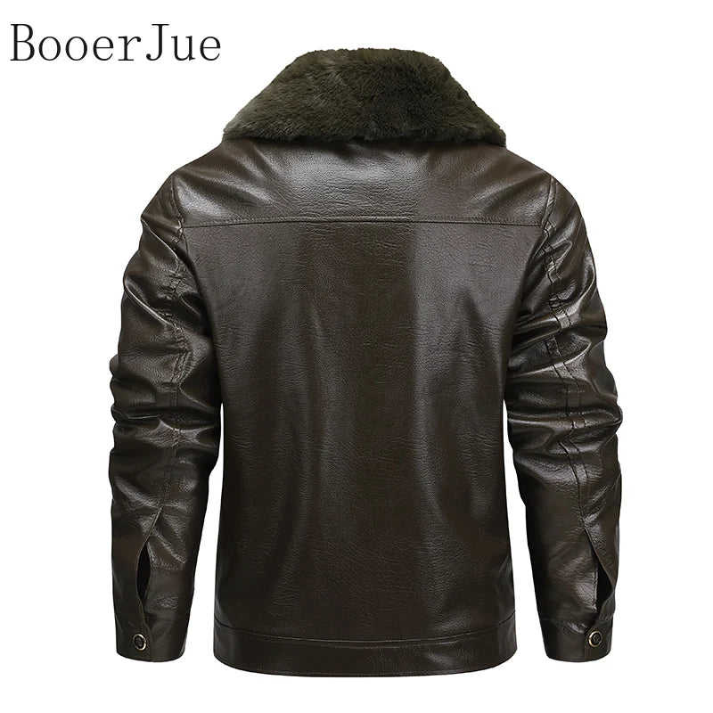 Motorcycle Leather Coat Outwear Casual Streetwear Fur Collar Men Faux Leather Jacket Winter Fleece Lined Biker Jackets Fashion