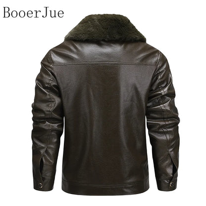 Motorcycle Leather Coat Outwear Casual Streetwear Fur Collar Men Faux Leather Jacket Winter Fleece Lined Biker Jackets Fashion