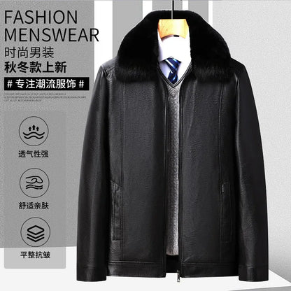 Men's Faux Fur Collar PU Leather Jacket Velvet Thickened Faux Leather Autumn Winter Coat Fleece-Lined Men's Outerwear