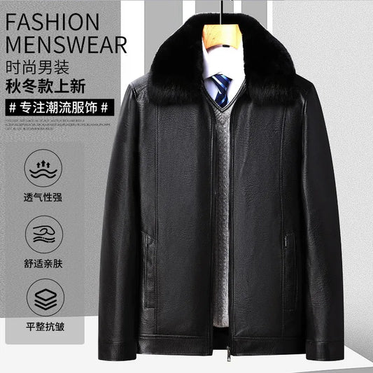 Men's Faux Fur Collar PU Leather Jacket Velvet Thickened Faux Leather Autumn Winter Coat Fleece-Lined Men's Outerwear