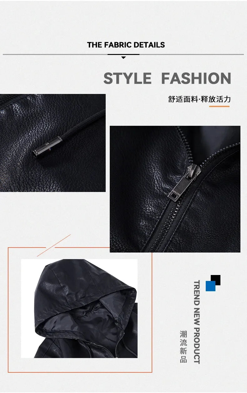 Hooded Leather Jacket Men Black Leather Jacke Hooded Lighweight Motorcycle Jacket Men Fashion Clothing New Mens High Quality