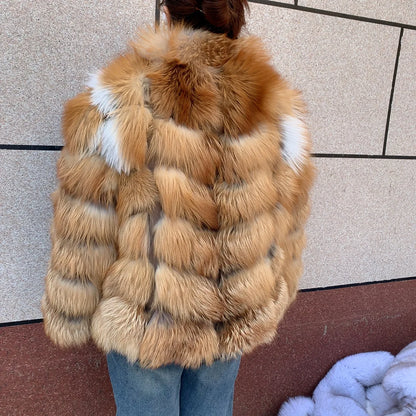HUA QIU MEI SI Natural Red Fox Fur Jacket for Women's Winter Warmth 100% True Fur Leather Jacket Red Fox Jacket