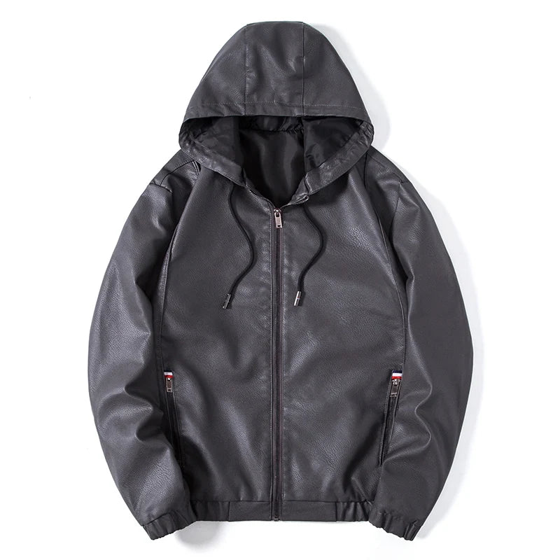 Hooded Leather Jacket Men Black Leather Jacke Hooded Lighweight Motorcycle Jacket Men Fashion Clothing New Mens High Quality