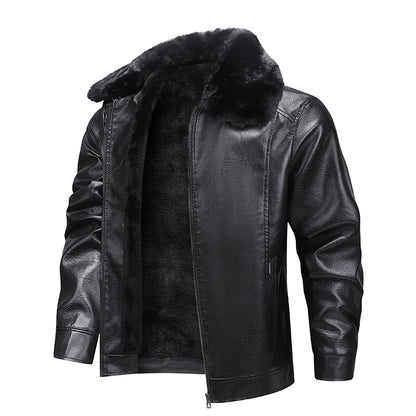 Motorcycle Leather Coat Outwear Casual Streetwear Fur Collar Men Faux Leather Jacket Winter Fleece Lined Biker Jackets Fashion