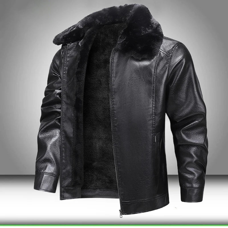 Fur Collar Men Faux Leather Jacket Winter Fleece Lined Biker Jackets Fashion Motorcycle Leather Coat Outwear Casual Streetwear