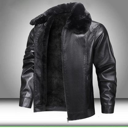 Fur Collar Men Faux Leather Jacket Winter Fleece Lined Biker Jackets Fashion Motorcycle Leather Coat Outwear Casual Streetwear