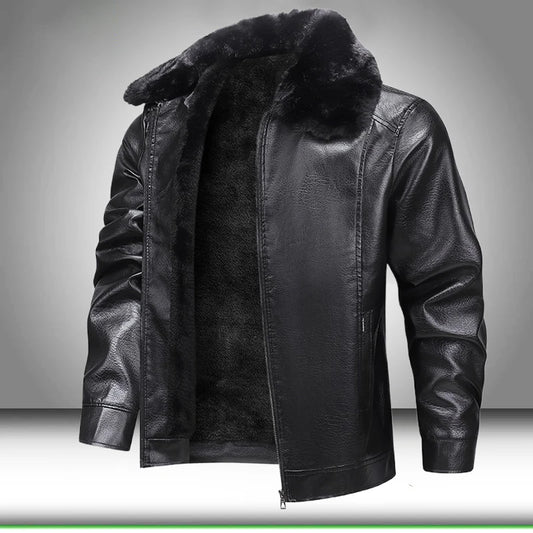 Fur Collar Men Faux Leather Jacket Winter Fleece Lined Biker Jackets Fashion Motorcycle Leather Coat Outwear Casual Streetwear