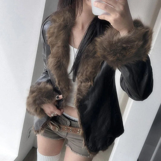 American 2024 Winter New Fur Collar Spliced Leather Jacket Street Hot Girl Fashion Slim and Warm Jacket