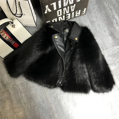 Kids Faux Fox Fur Jacket Short Thickened Biker Coat Leather & Fur Blend Outerwear for Boys Girls