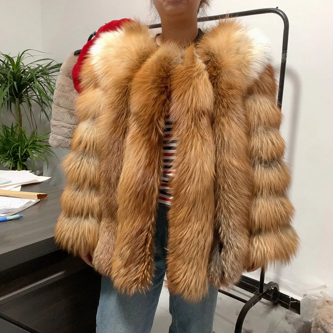 HUA QIU MEI SI Natural Red Fox Fur Jacket for Women's Winter Warmth 100% True Fur Leather Jacket Red Fox Jacket