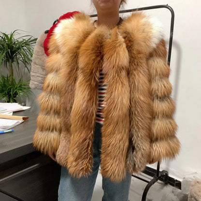 HUA QIU MEI SI Natural Red Fox Fur Jacket for Women's Winter Warmth 100% True Fur Leather Jacket Red Fox Jacket