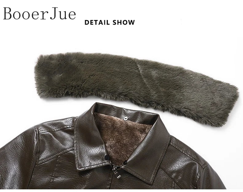 Motorcycle Leather Coat Outwear Casual Streetwear Fur Collar Men Faux Leather Jacket Winter Fleece Lined Biker Jackets Fashion