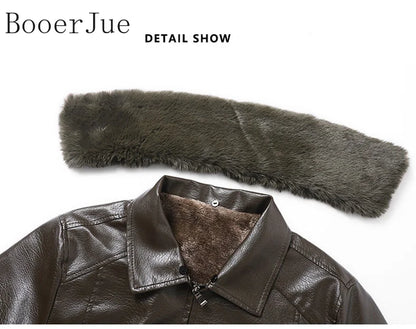Motorcycle Leather Coat Outwear Casual Streetwear Fur Collar Men Faux Leather Jacket Winter Fleece Lined Biker Jackets Fashion