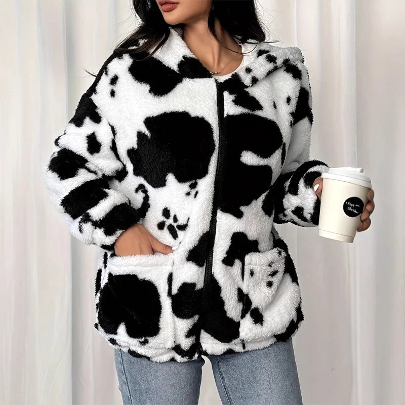 Faux Fur Jacket 2025 Autumn and Winter Printed Casual Zipper Women's Warm Jacket
