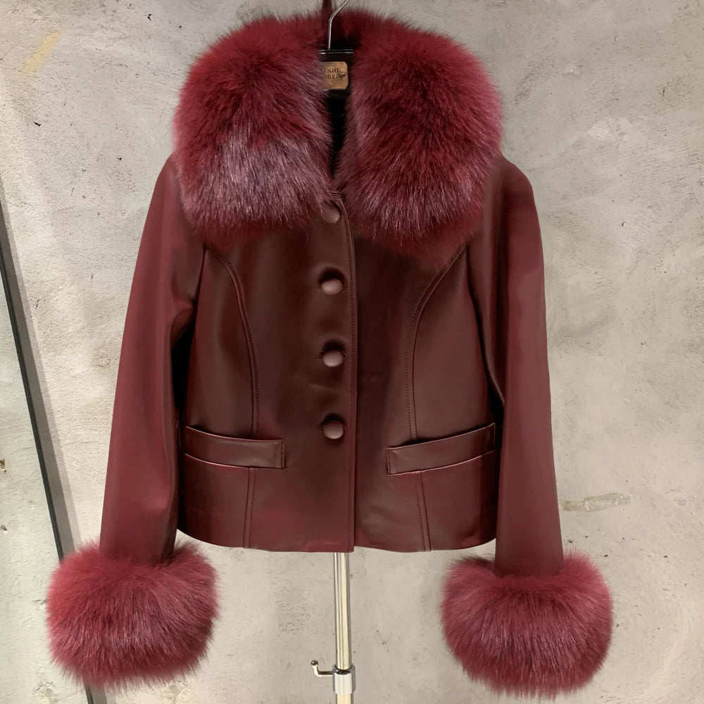 Fox Fur Collar Leather Jackets Women Autumn Luxury Natural Fox Fur Leather Jackets with Long Sleeve