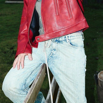 Men's Red Long-Sleeved  Leather Jacket American Retro Fashion Trend Street Hip-Hop Loose Casual Niche 2026 Men's New Jacket