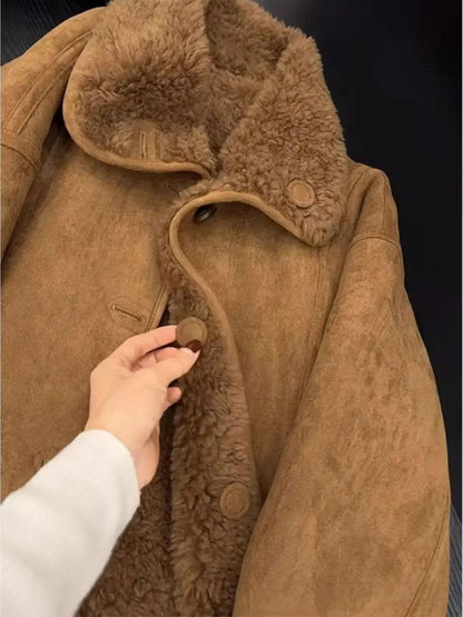Caramel Lamb Fur Jacket Short Warm Retro Style Integrated Leather And Fur Women's Coat Thickened Straight Cut Daily Wear