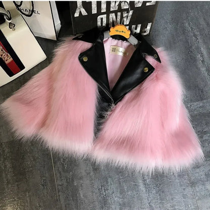 Kids Faux Fox Fur Jacket Short Thickened Biker Coat Leather & Fur Blend Outerwear for Boys Girls