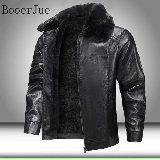 Motorcycle Leather Coat Outwear Casual Streetwear Fur Collar Men Faux Leather Jacket Winter Fleece Lined Biker Jackets Fashion
