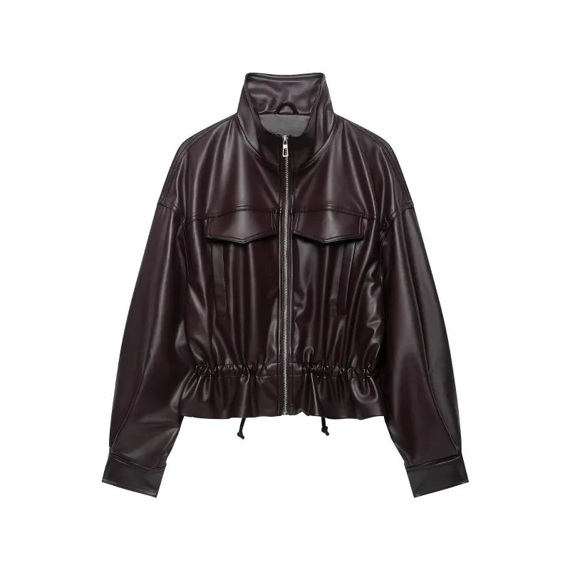 Women's Faux Leather Jacket with Adjustable Waist, Zip Front Short Coat, Retro Biker Style Outerwear for Fall