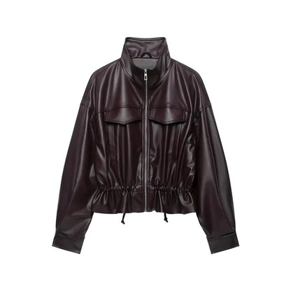 Women's Faux Leather Jacket with Adjustable Waist, Zip Front Short Coat, Retro Biker Style Outerwear for Fall