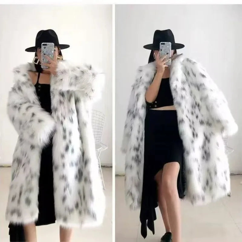 Women's Leopard Print Faux Fur Coat Ladies Streetwear Trend Winter Warm Long Jackets Overcoat Outerwear