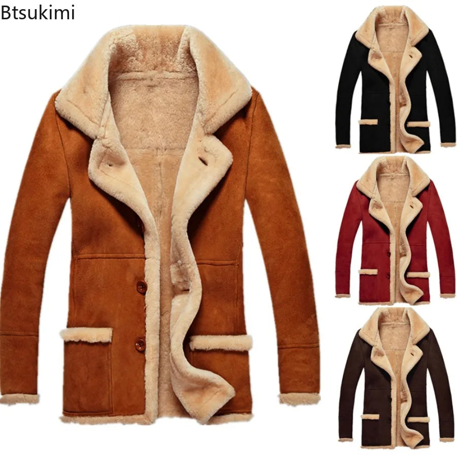 New Men's Faux Fur Jackets Winter Overcoat Thickened Plush Lining Lapel Coldproof European Style Leather Lapel Jacket Coat Male