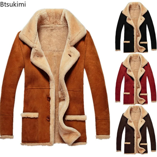 New Men's Faux Fur Jackets Winter Overcoat Thickened Plush Lining Lapel Coldproof European Style Leather Lapel Jacket Coat Male