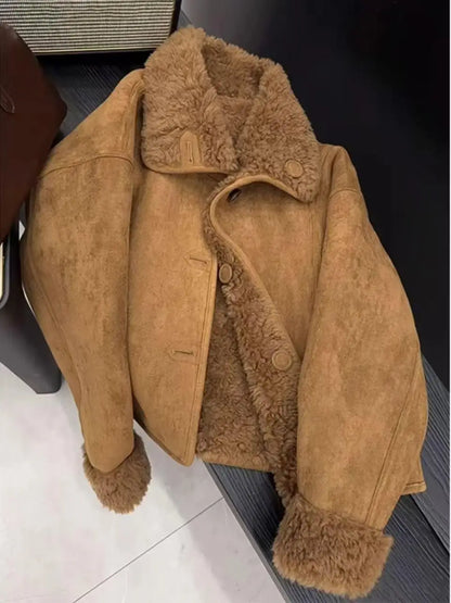 Caramel Lamb Fur Jacket Short Warm Retro Style Integrated Leather And Fur Women's Coat Thickened Straight Cut Daily Wear