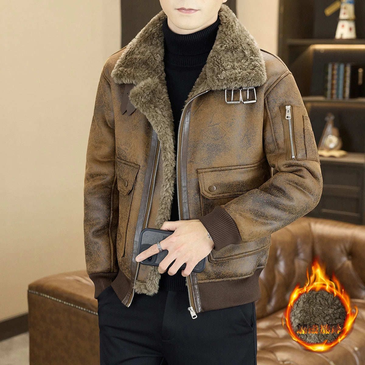 2025 Winter Fur Integrated Leather Jacket Men Thick Velvet Imitation Fur Leather Coat Loose Motorcycle Coat Casual Streetwear