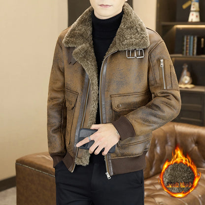 2025 Winter Fur Integrated Leather Jacket Men Thick Velvet Imitation Fur Leather Coat Loose Motorcycle Coat Casual Streetwear
