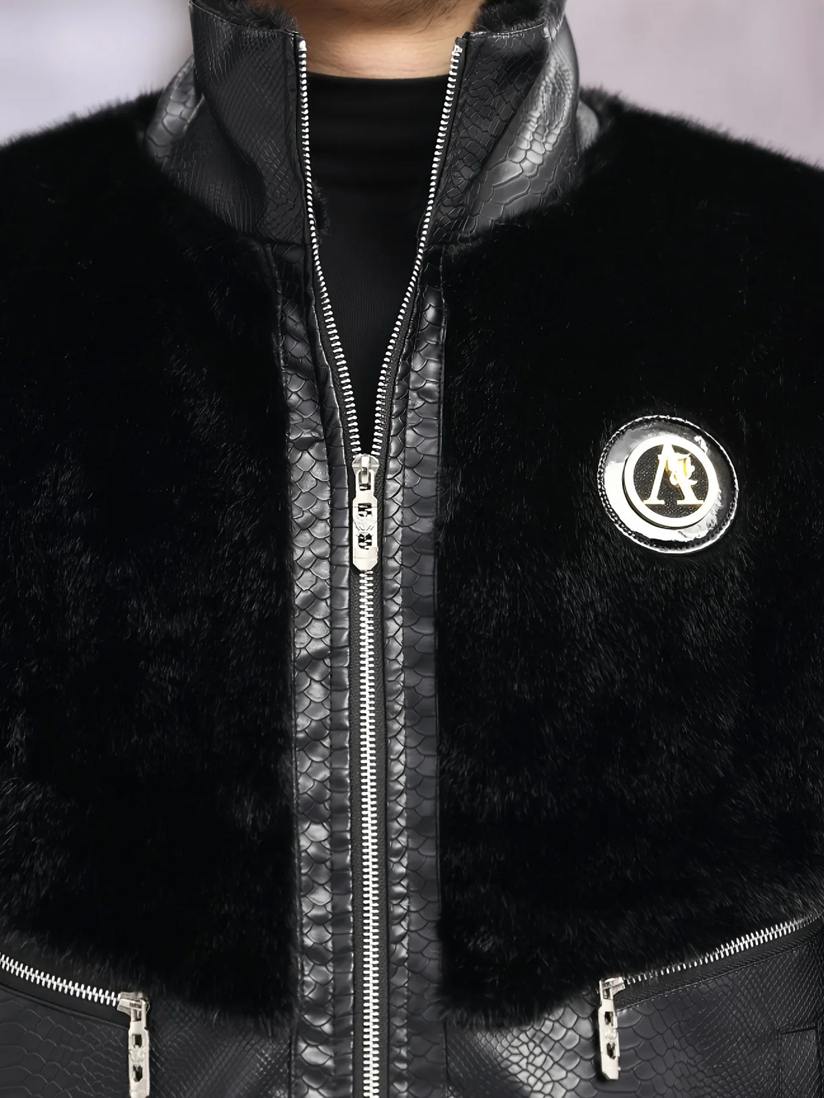 Winter Stand-Up Collar Men's Fashionable Casual Warm Faux Mink Fur Spliced Pu Leather Jacket