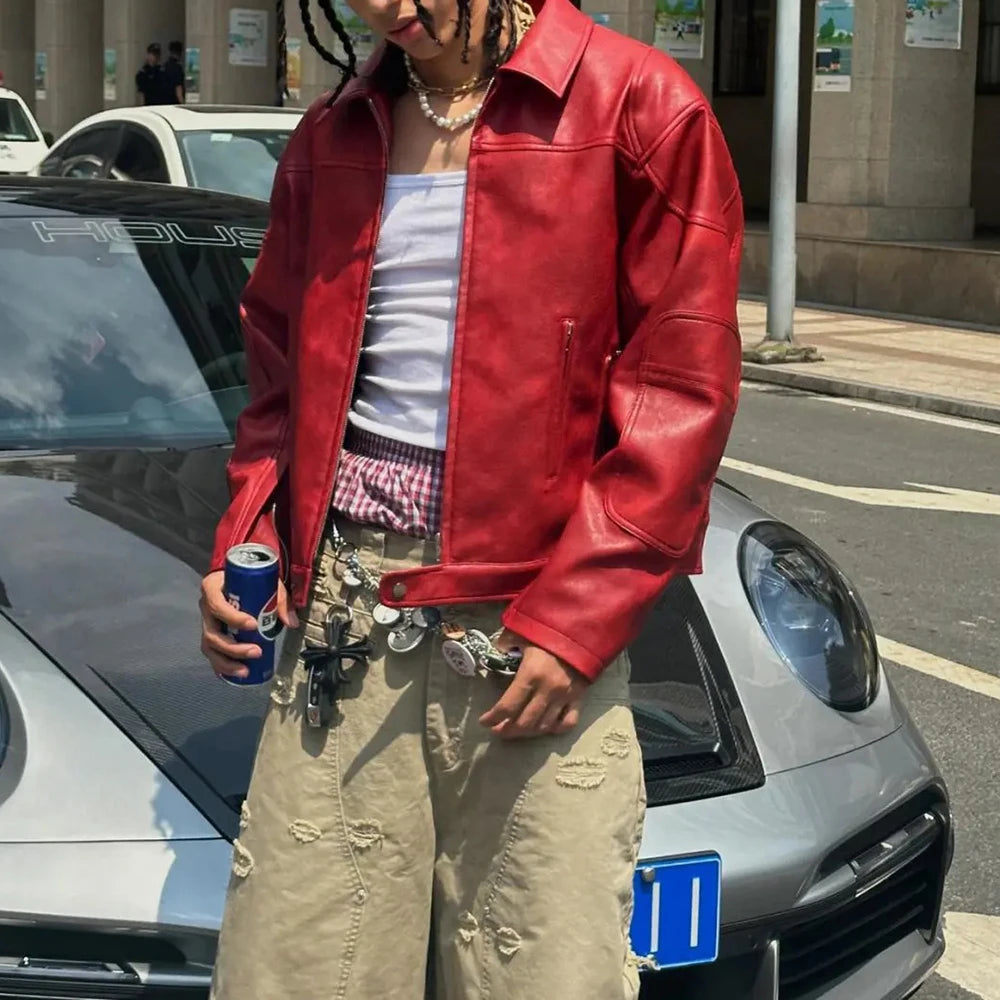 Men's Red Long-Sleeved  Leather Jacket American Retro Fashion Trend Street Hip-Hop Loose Casual Niche 2026 Men's New Jacket