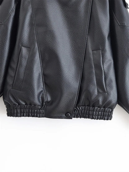 Women's Jacket 2026 Autunm  New Black Long Sleeve Pebble Faux Leather Jacket Motorcycle Style Personality Fashion