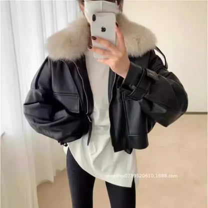 2026 Fleece Thickened Leather Jacket Short Removable Imitation Fox Fur Collar Fur Integrated Jacket Women's Fashion