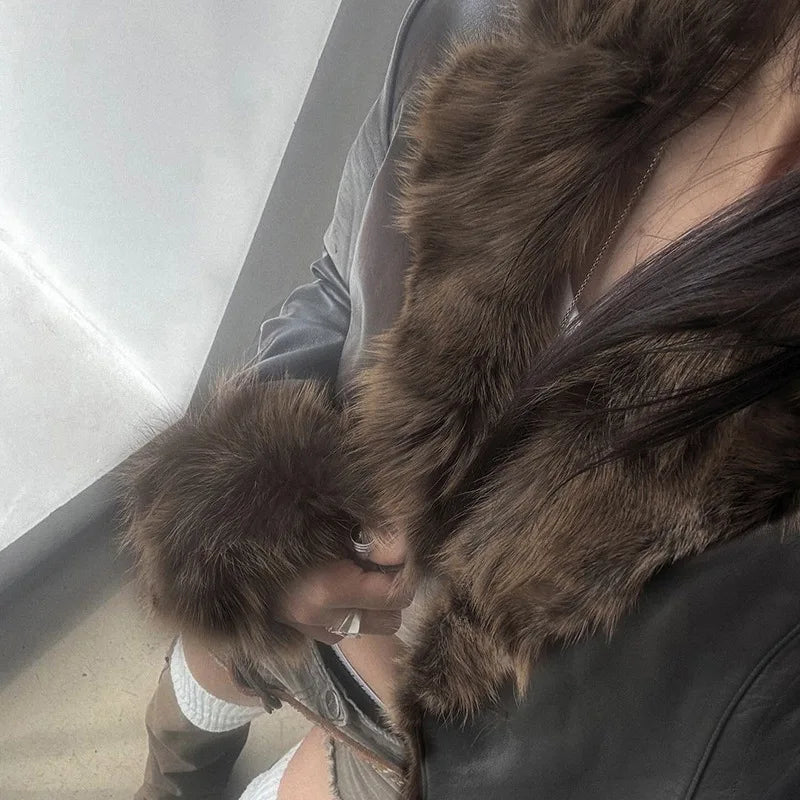 American 2024 Winter New Fur Collar Spliced Leather Jacket Street Hot Girl Fashion Slim and Warm Jacket